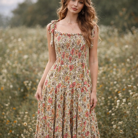Abel The Label Dresses & Skirts - Abel the Label Floral Print Smocked Shoulder‎ Tie Tiered Maxi Dress - Size M